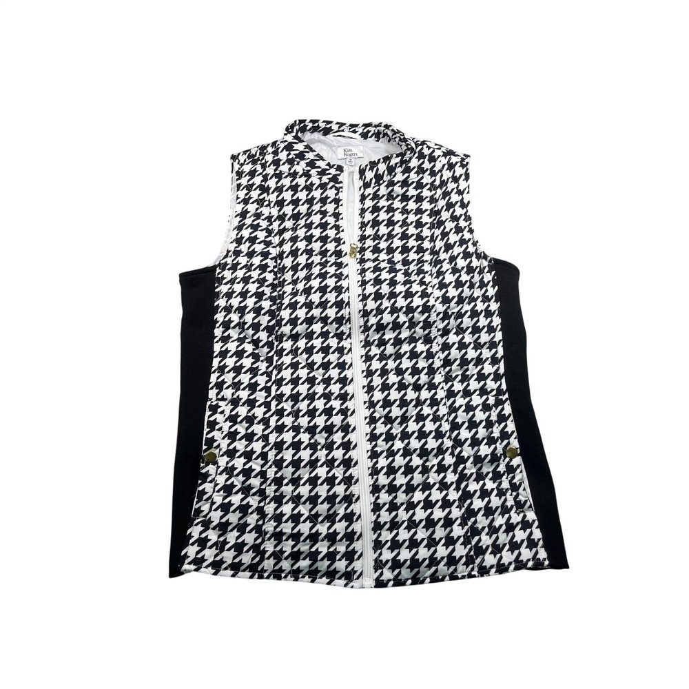Kim Rogers Women's Medium Quilted Vest Black White Houndstooth Full Zip Gold